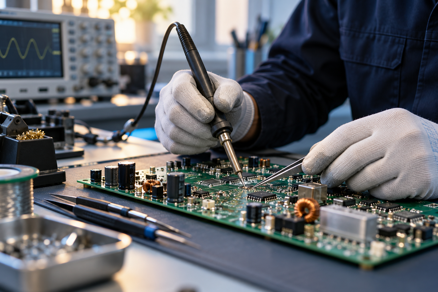 Immagine illustrativa di un tecnico al lavoro su una scheda elettronica