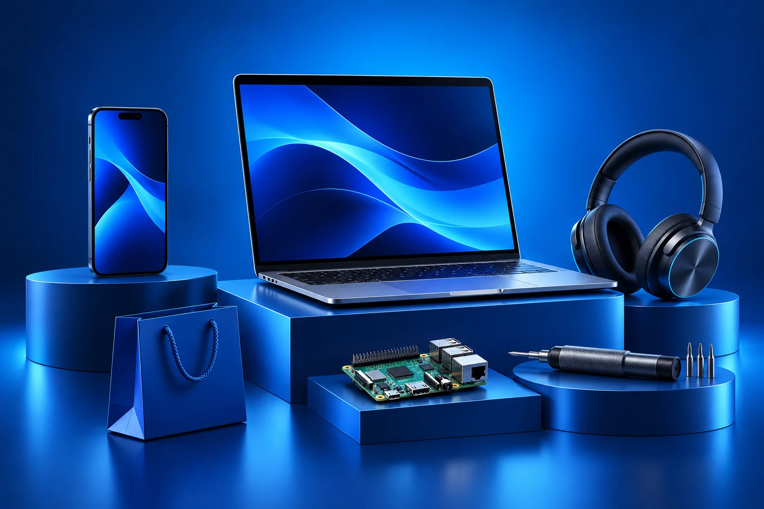 Illustrazione dello shop: computer, smartphone, accessori e componenti elettronici